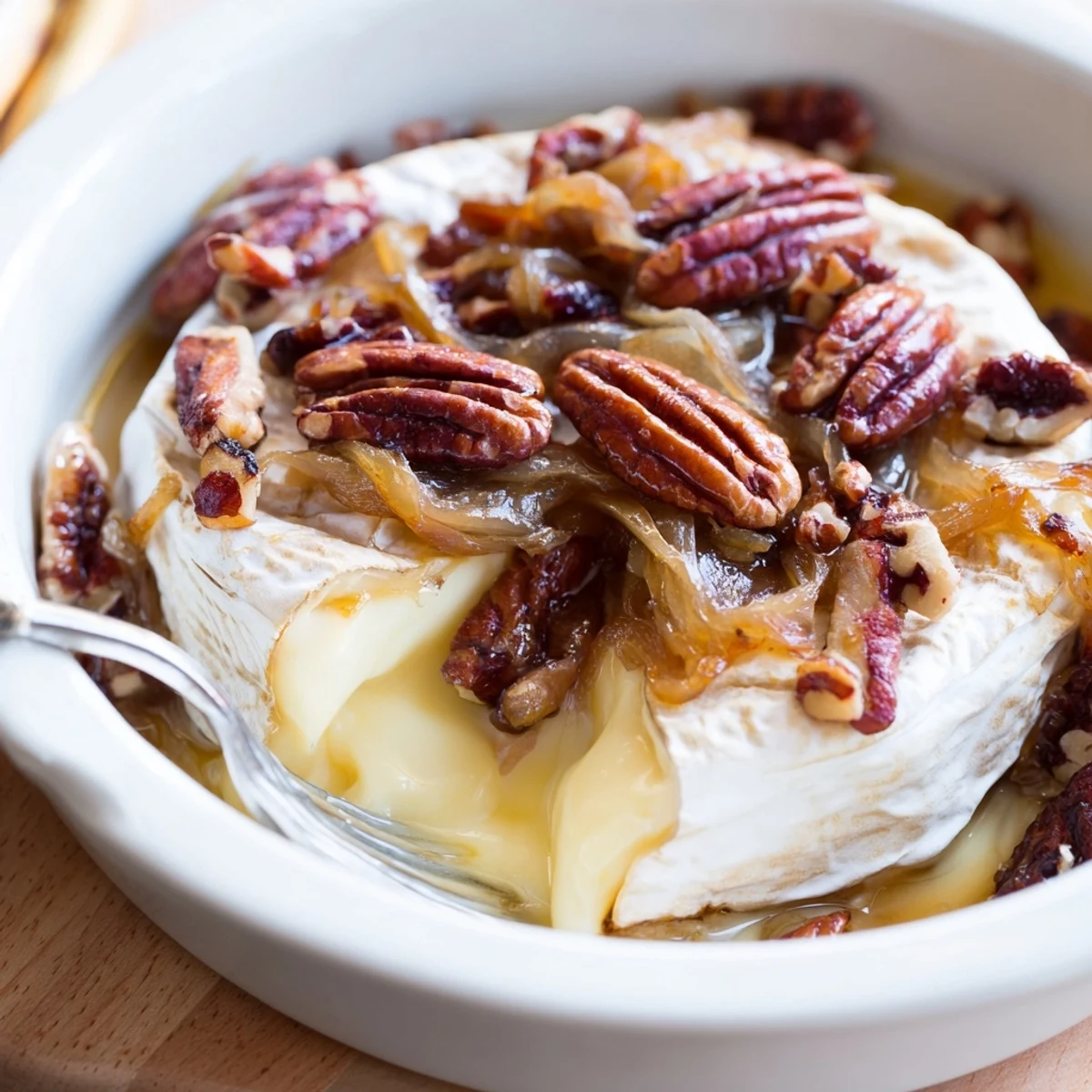 Warm baked brie topped with sweet onions and crunchy pecans, served with crusty baguette slices