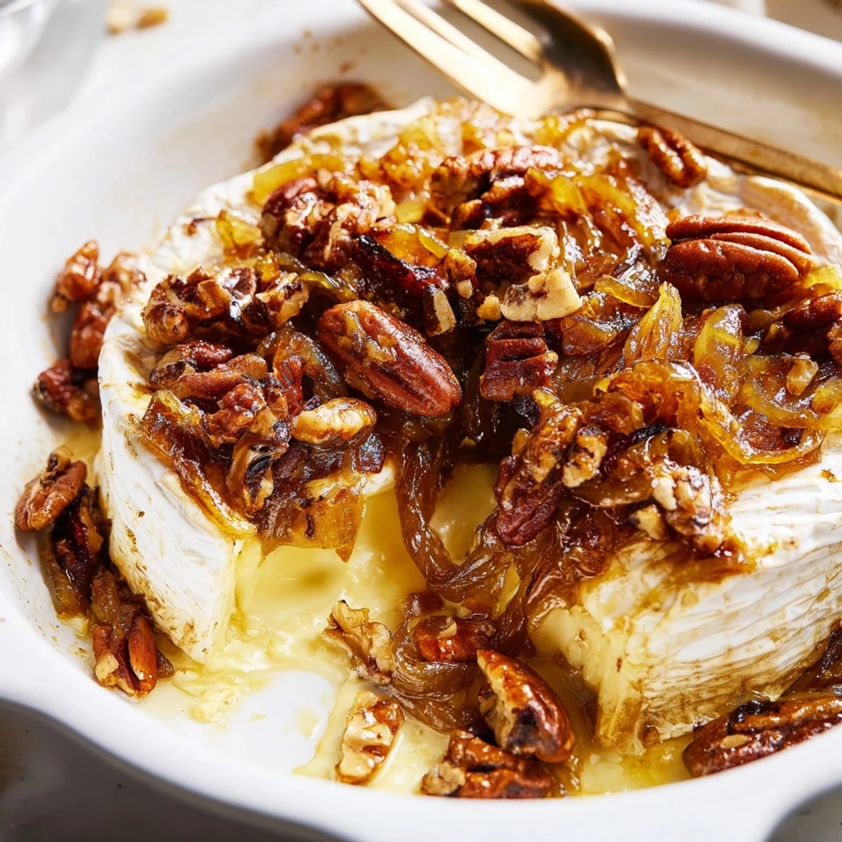 Decadent baked brie appetizer with golden caramelized onions and pecans, garnished with fresh thyme