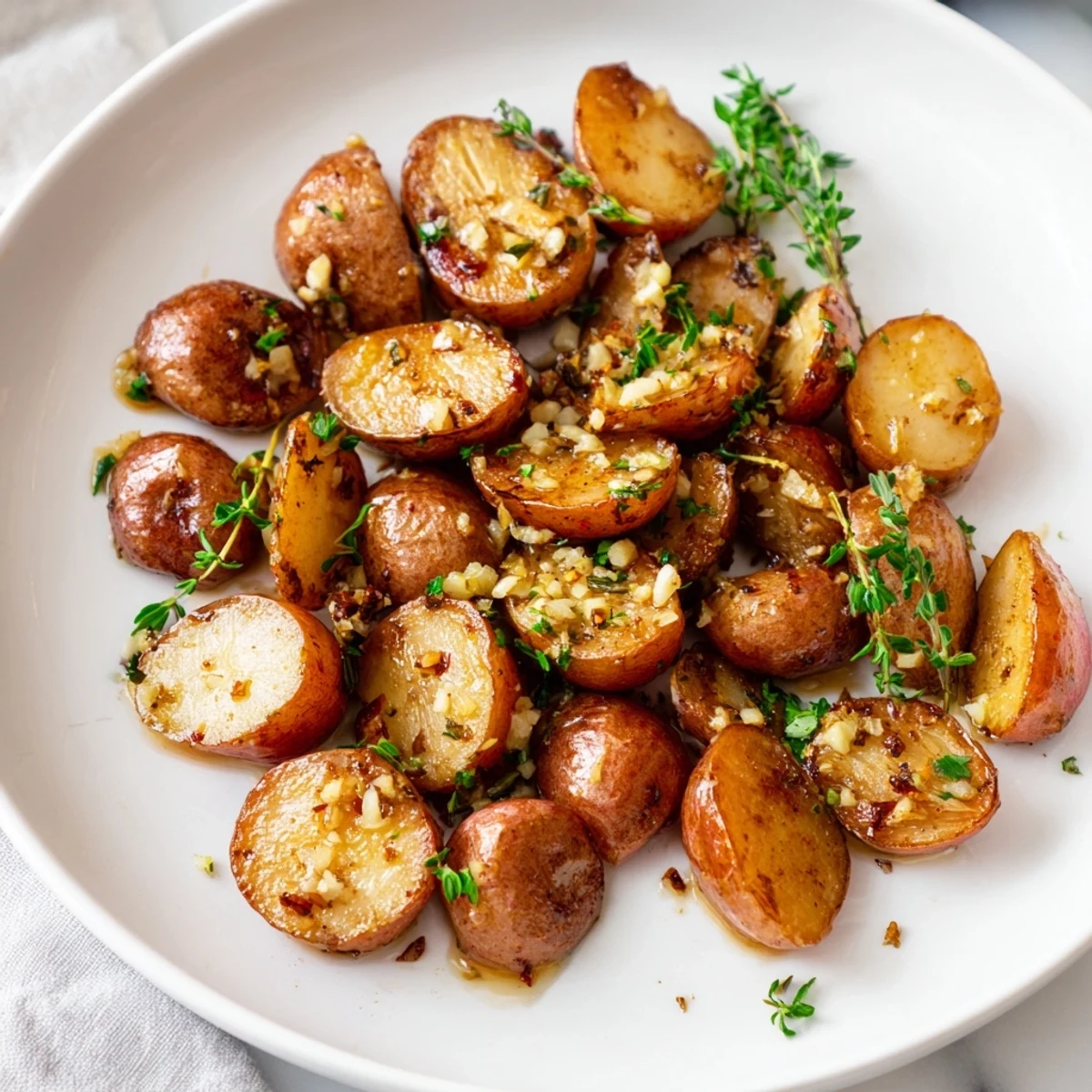 Golden brown garlic roasted radishes arranged on a white serving plate, garnished with fresh green parsley