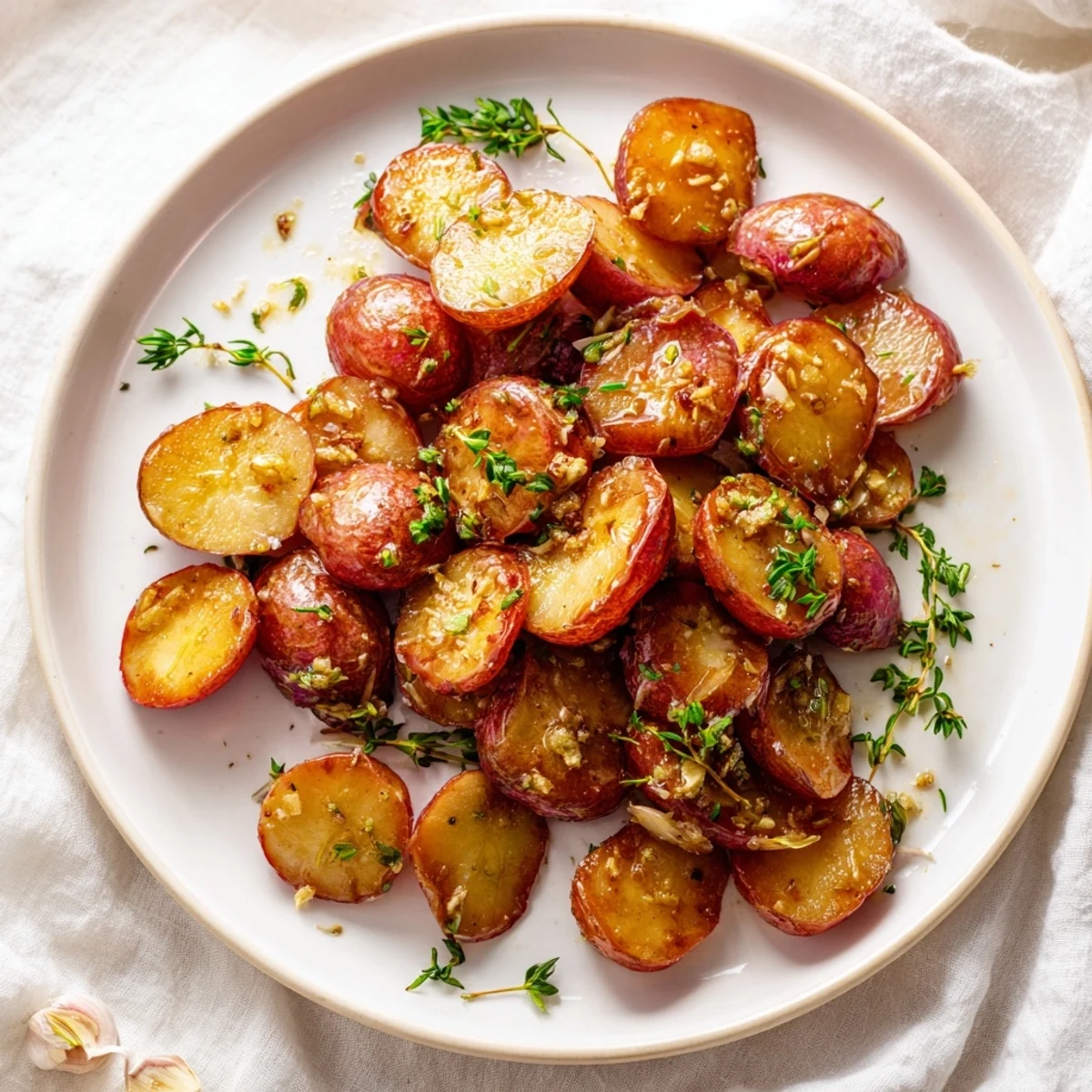 Tender caramelized radishes roasted with garlic and thyme, showing golden edges on a rustic baking sheet