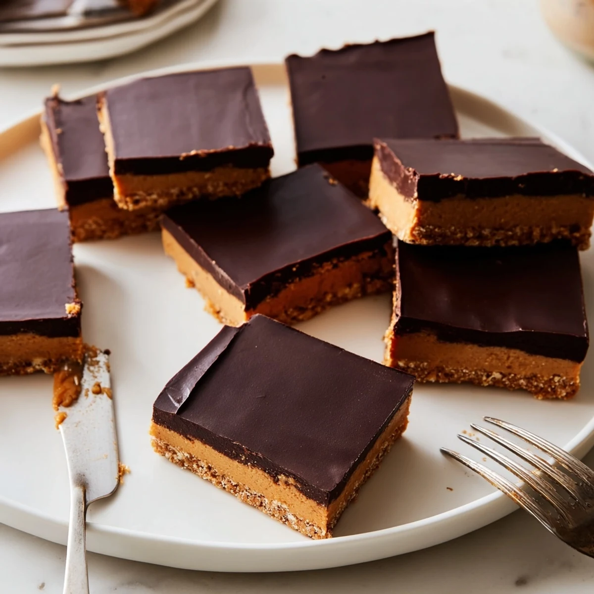 Creamy peanut butter dessert bars with rich chocolate ganache topping cut into neat squares