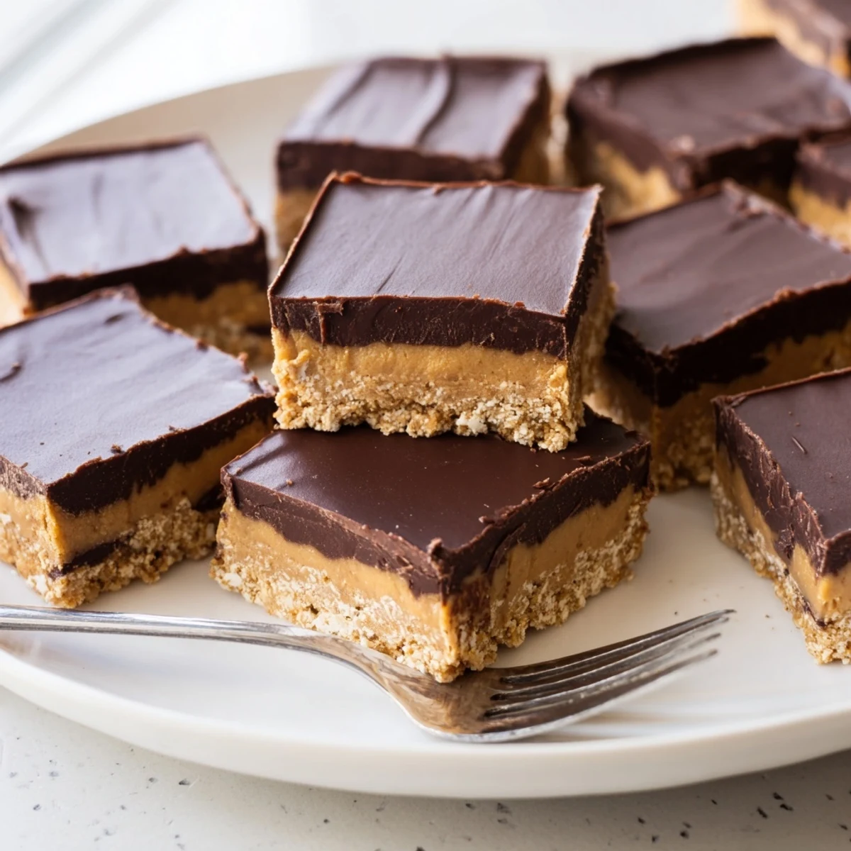 Golden no-bake peanut butter bars topped with glossy melted chocolate layer in square baking dish