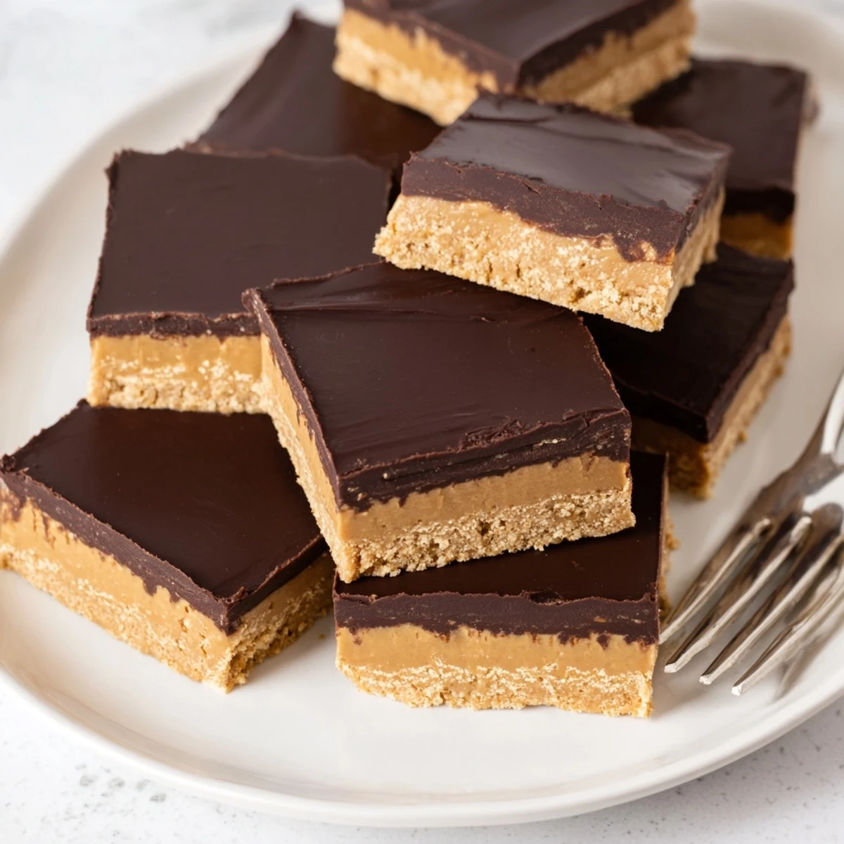 Homemade peanut butter bars featuring smooth peanut butter base and silky chocolate coating on white plate