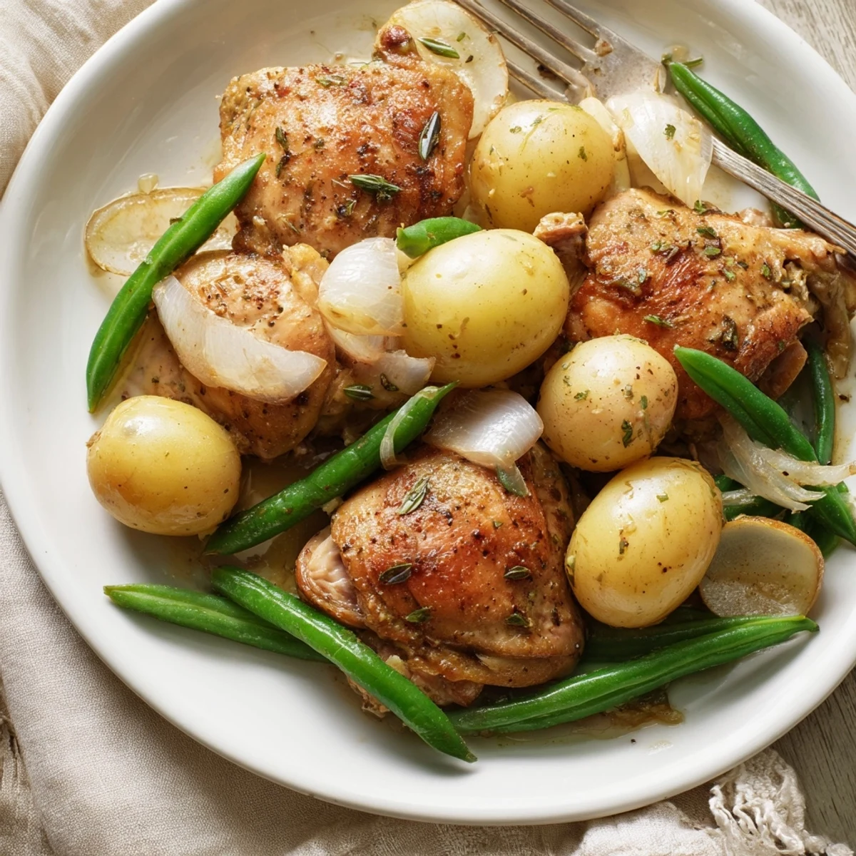Tender slow cooker chicken and potatoes with crisp green beans, a comforting one-pot meal ready for serving