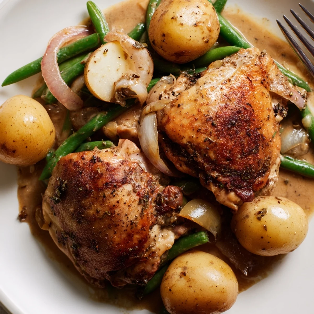 Golden slow cooker chicken thighs nestled with baby potatoes and fresh green beans in a savory herb broth
