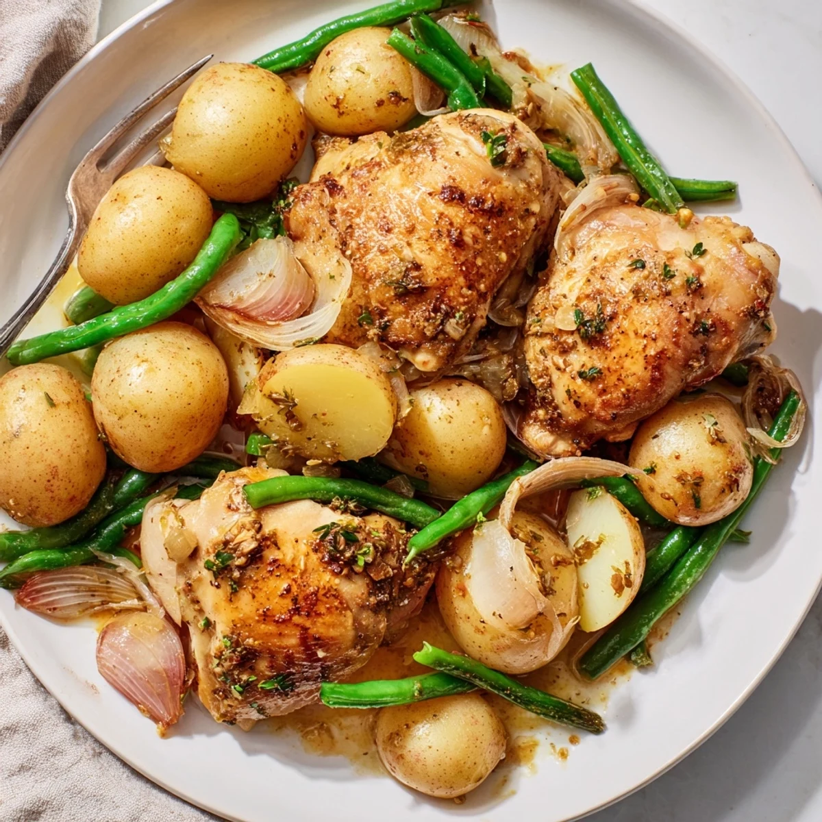 Complete slow cooker chicken and potatoes dish featuring green beans and aromatic herbs in a rich, flavorful sauce