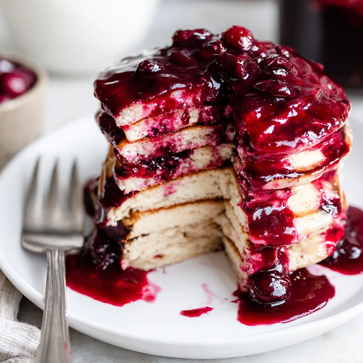 Homemade cranberry syrup drizzled over fluffy pancakes with vibrant red color and tart flavor