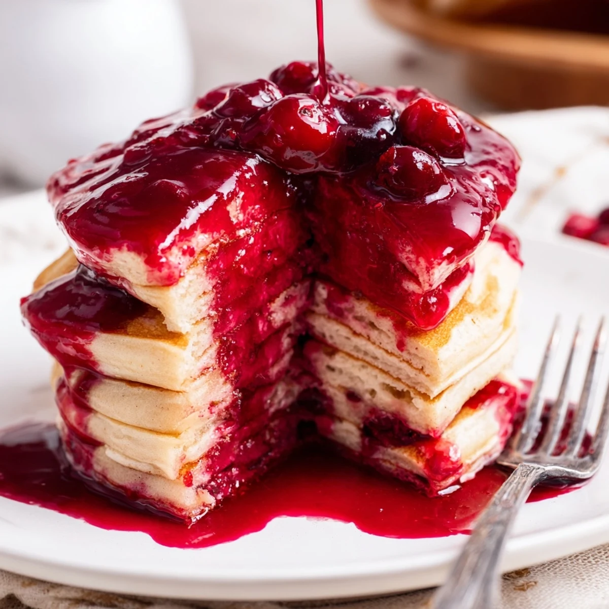 Smooth tangy cranberry syrup poured from measuring spoon into clear glass storage container for later use