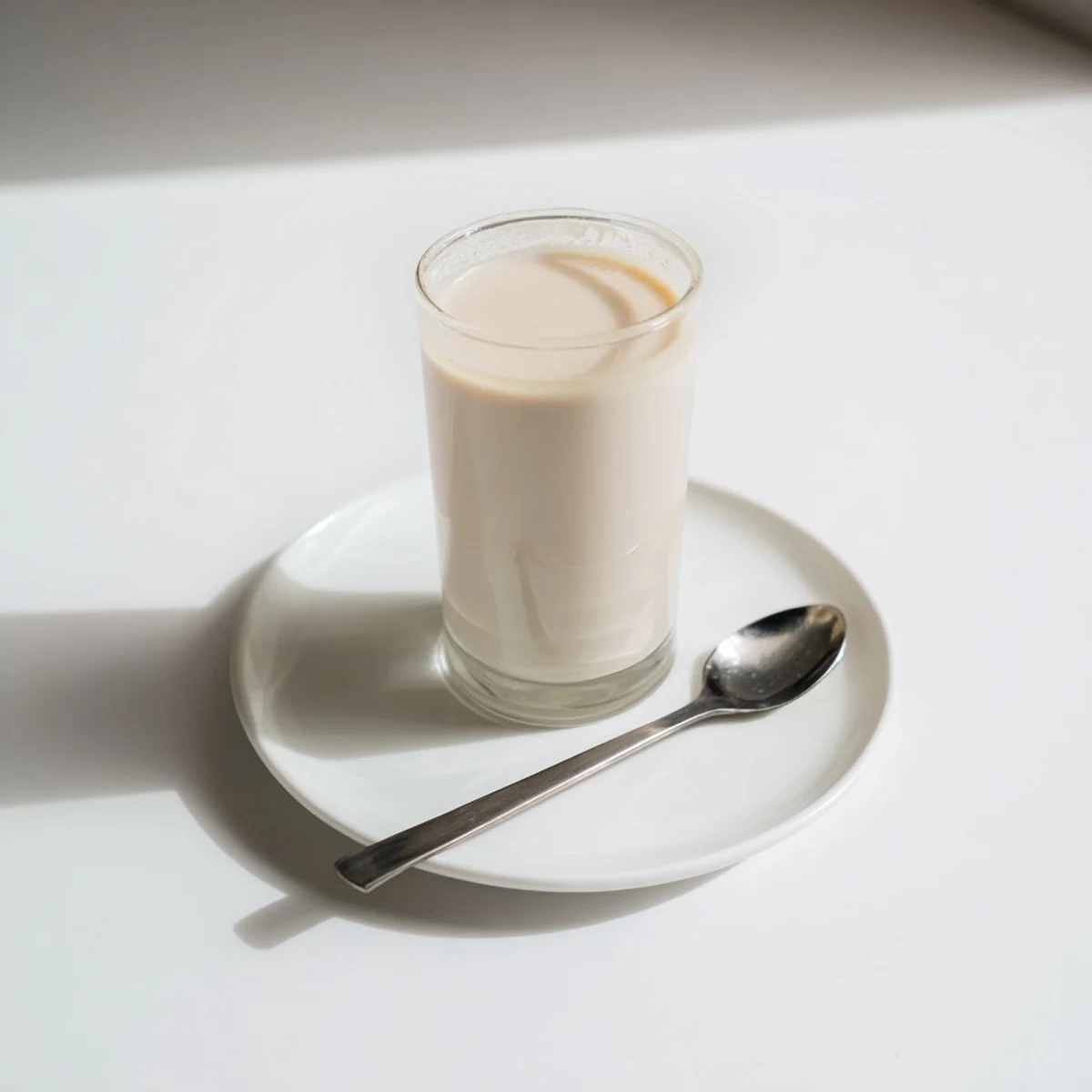 Fresh homemade almond milk poured into a clear glass pitcher on a wooden kitchen counter