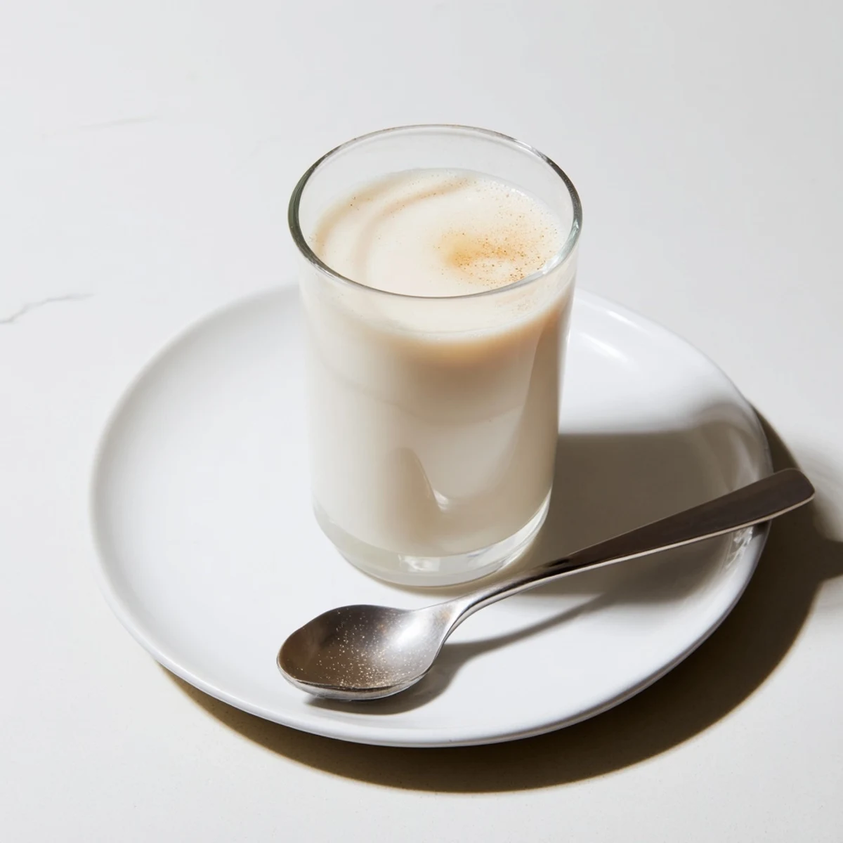 Creamy white almond milk in a mason jar with vanilla bean and raw almonds beside it
