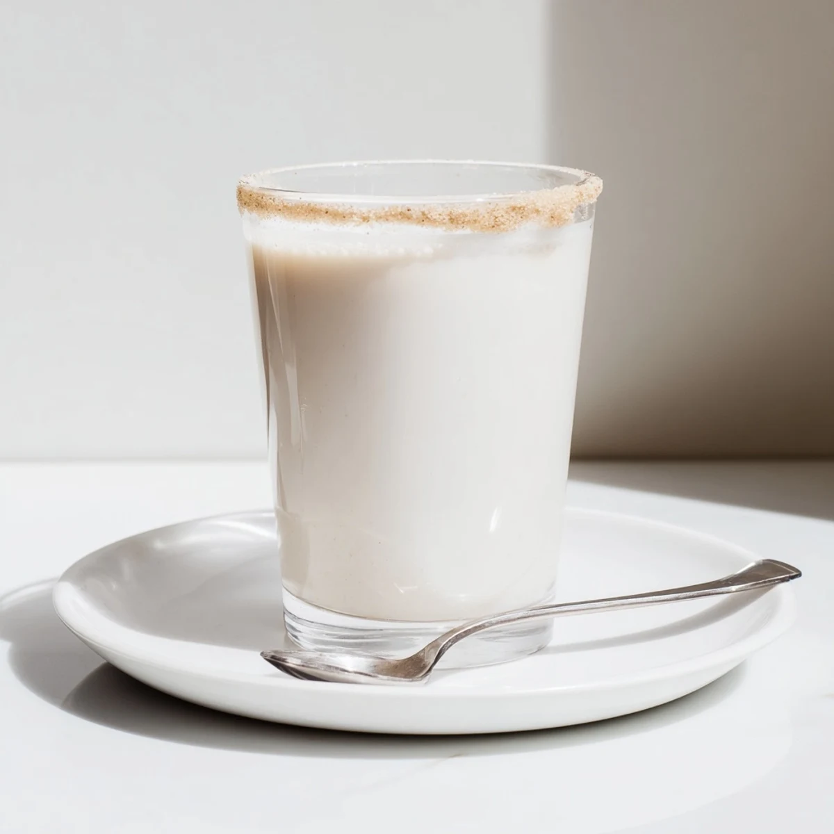Glass of smooth dairy-free almond milk with splash captured mid-pour against bright marble background