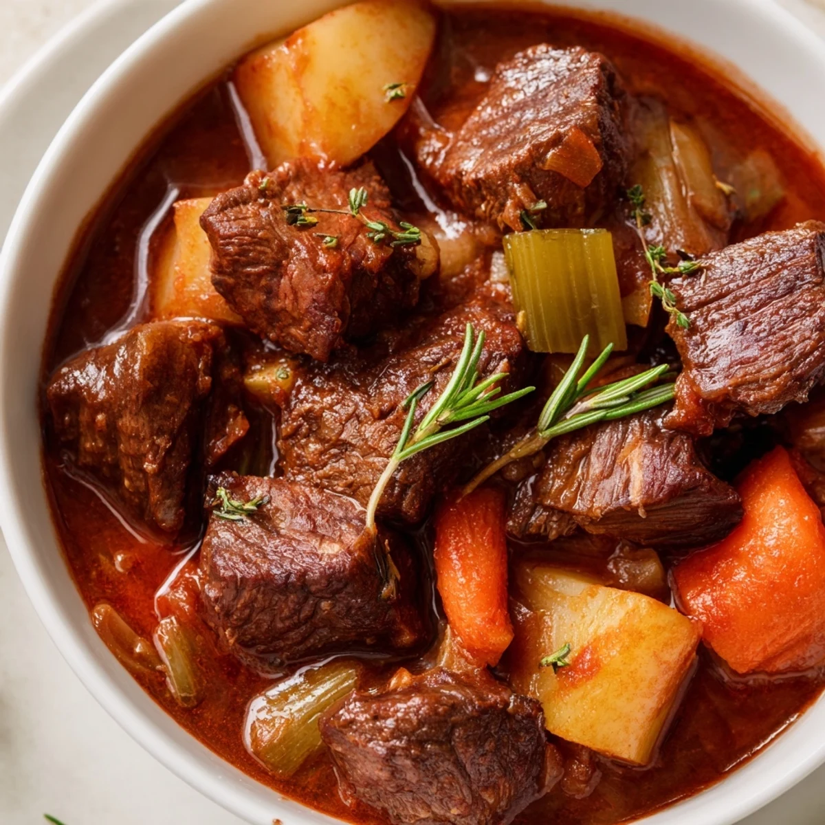 Golden Italian beef stew with tender chunks simmered in rich red wine sauce alongside carrots, potatoes, and celery