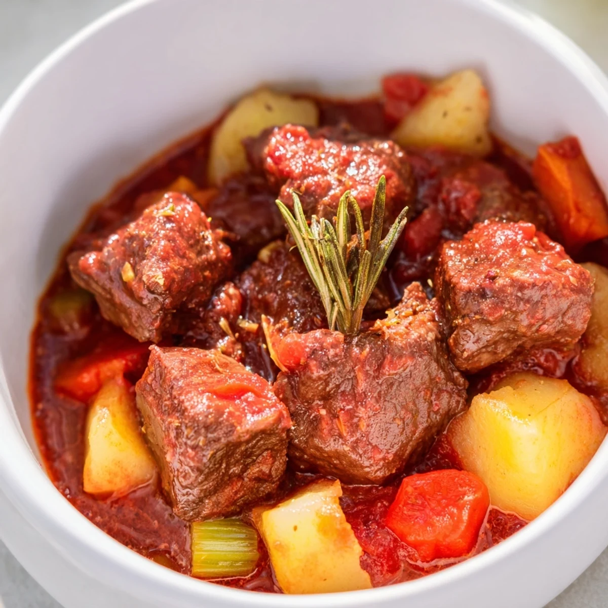 Hearty Spezzatino Di Manzo served in rustic bowl, featuring melt-in-your-mouth beef cubes in aromatic herb-infused gravy
