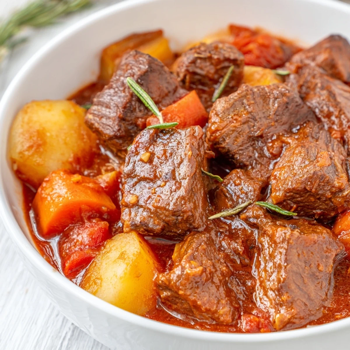 Slow-braised Italian beef stew plated with crusty bread, showcasing thickened tomato wine sauce and fork-tender vegetables