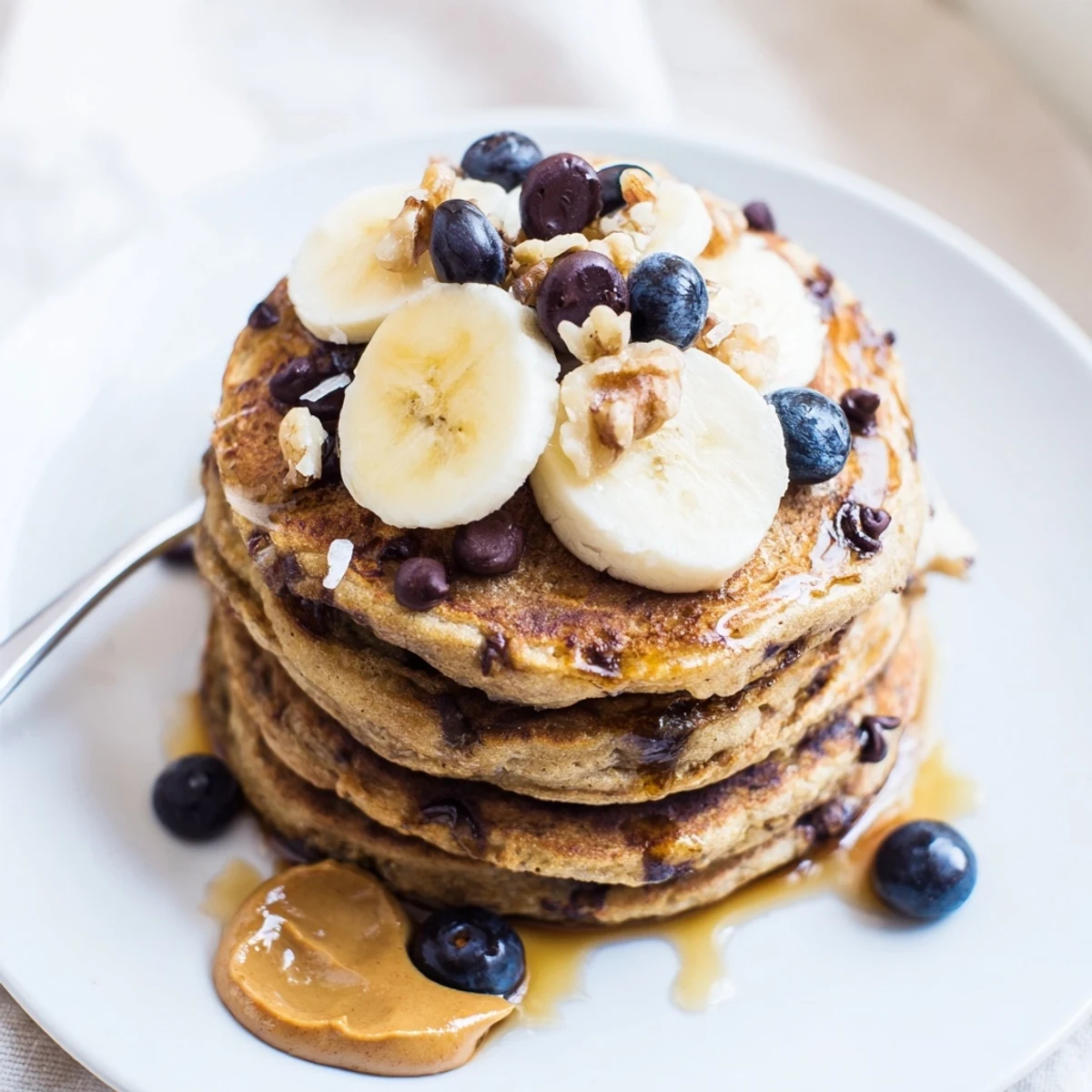 Protein Banana Pancakes stacked, golden edges, steaming, topped with sliced bananas