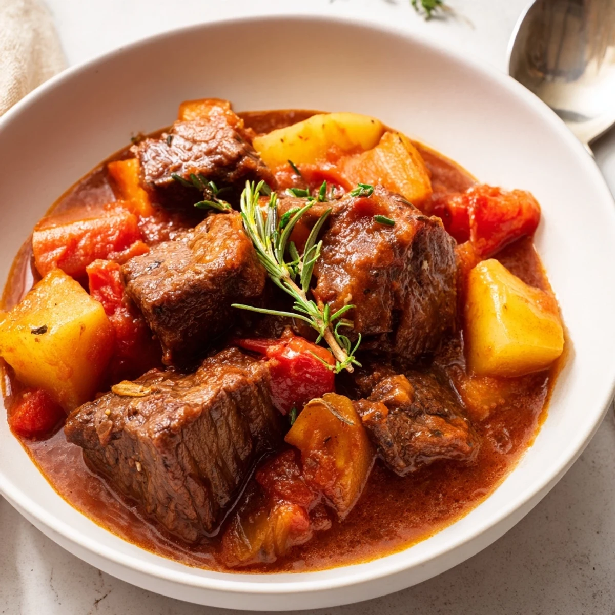 Spezzatino Di Manzo Italian Beef Stew simmering with tender beef and rosemary  