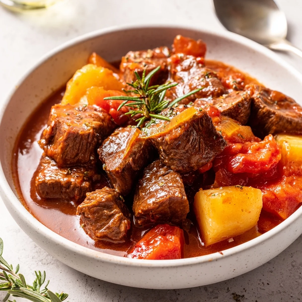 Warm Spezzatino Di Manzo Italian Beef Stew ladled over creamy polenta, aromatic  