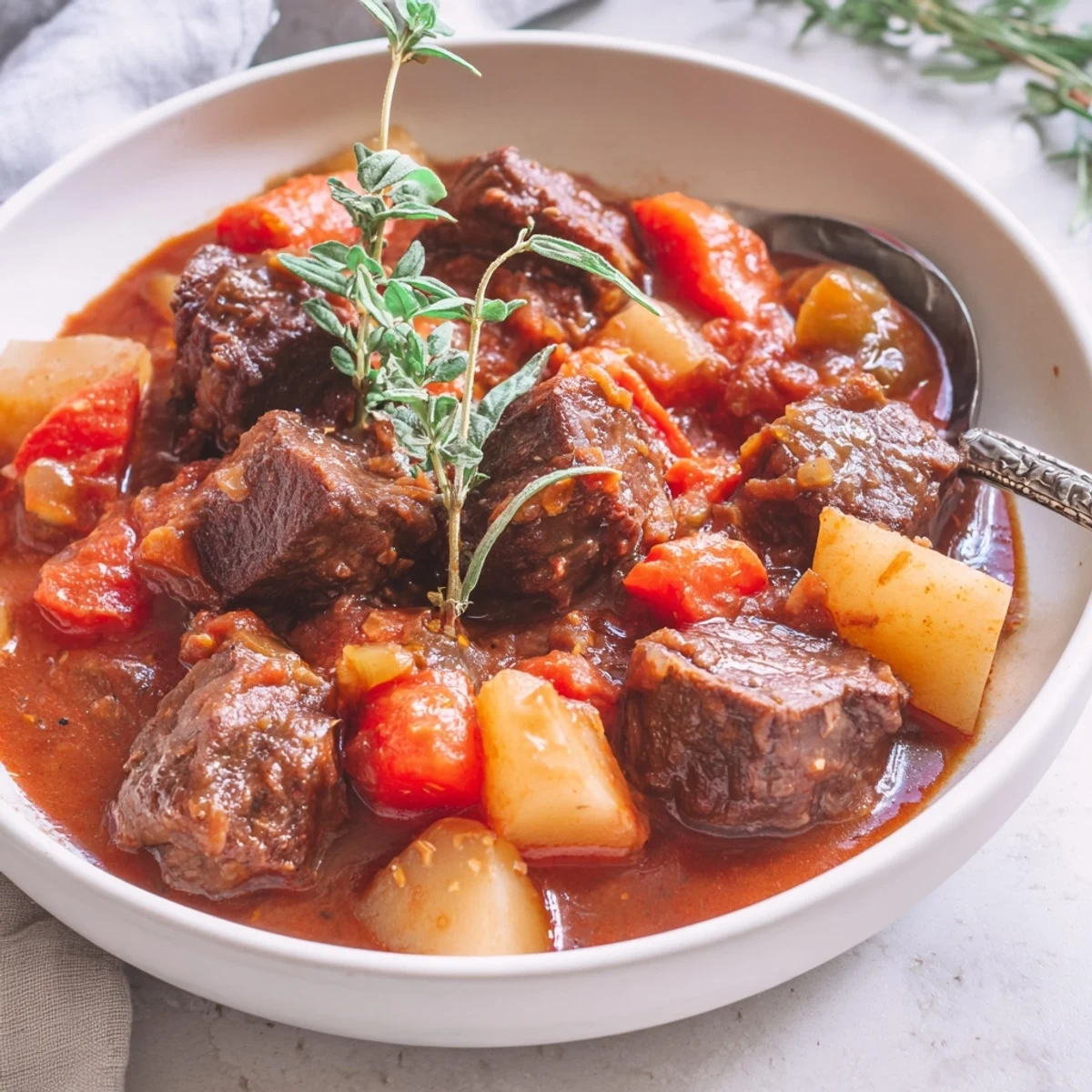 Hearty Spezzatino Di Manzo Italian Beef Stew with chunky vegetables and crusty bread
