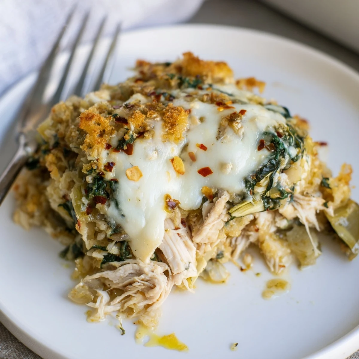 Creamy Spinach Artichoke Chicken Casserole topped with crisp breadcrumbs, steaming scoop