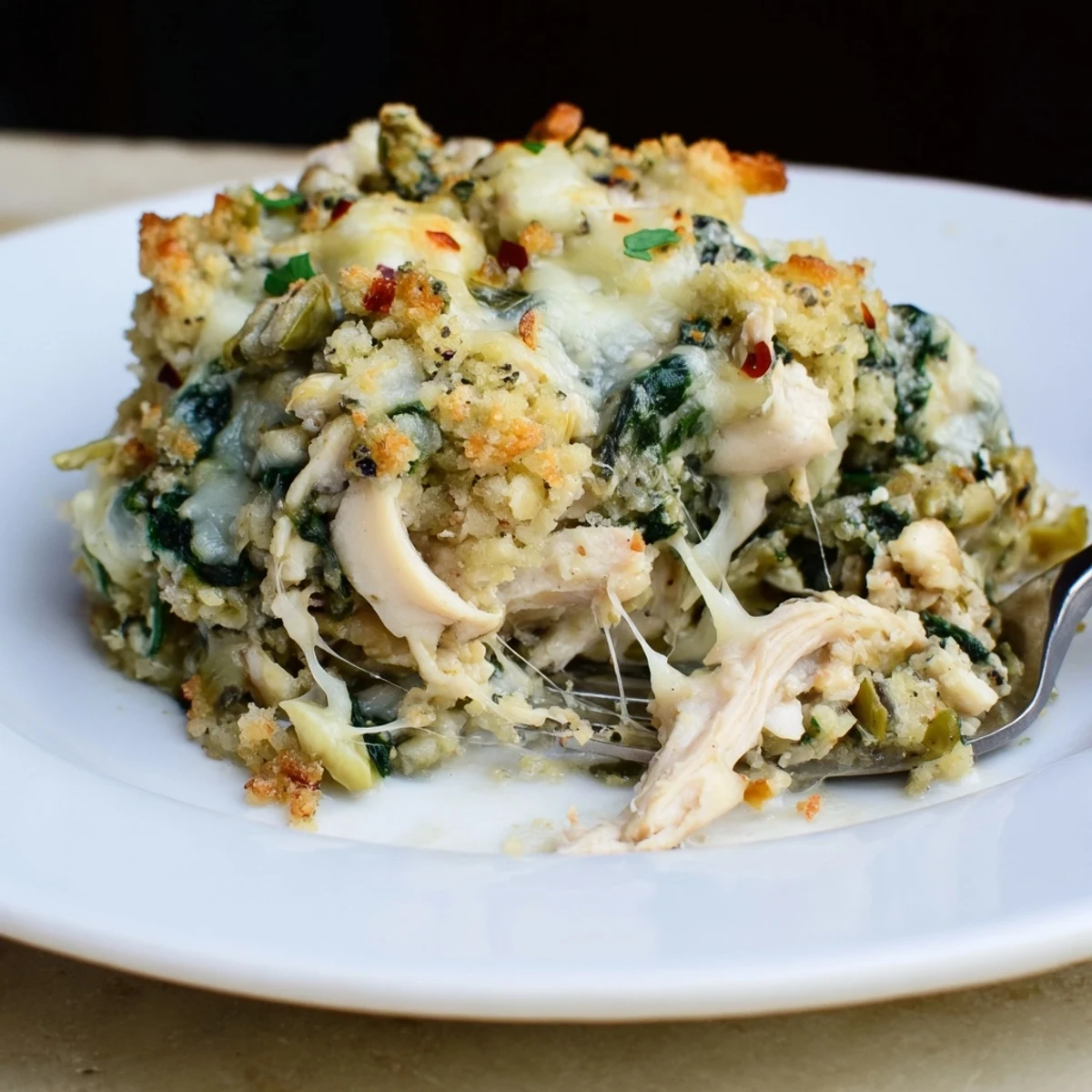 Family-style Spinach Artichoke Chicken Casserole served hot with golden cheese, aromatic herbs