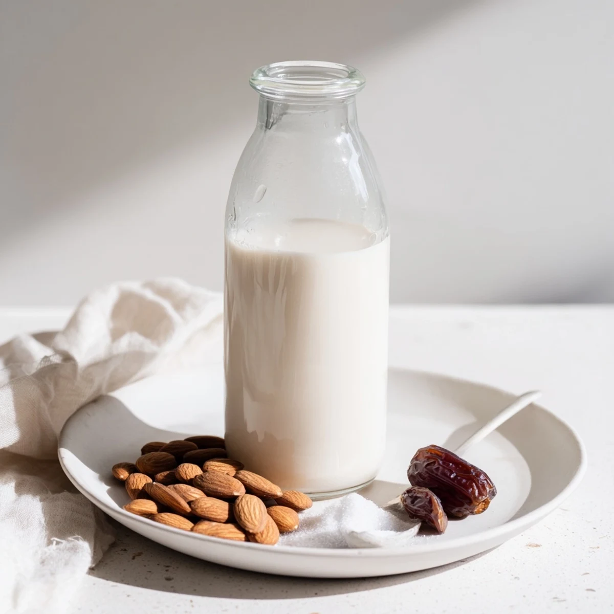 Silky almond milk poured over cereal with fresh berries for breakfast.