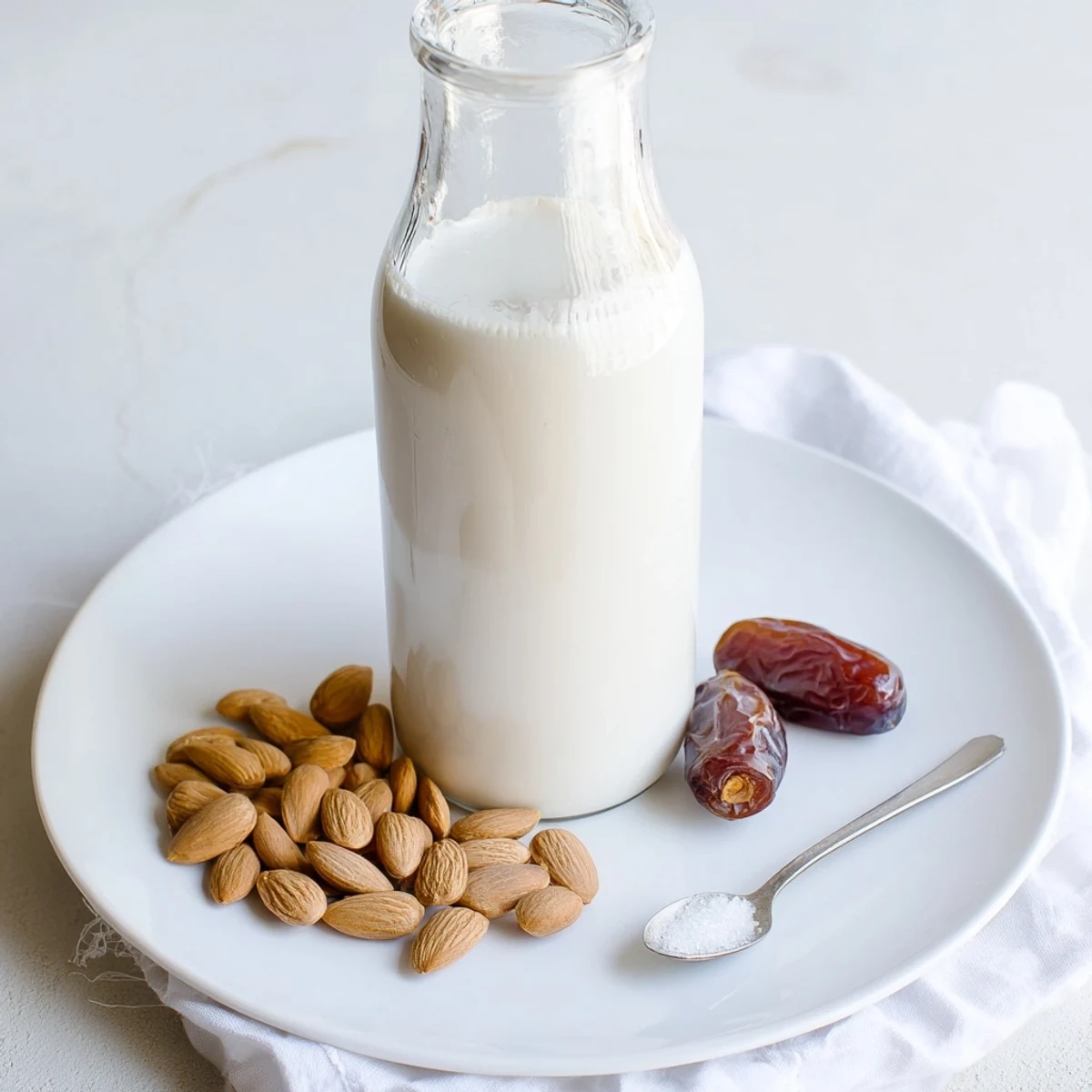 Creamy homemade almond milk in a glass jar, perfect for coffee.