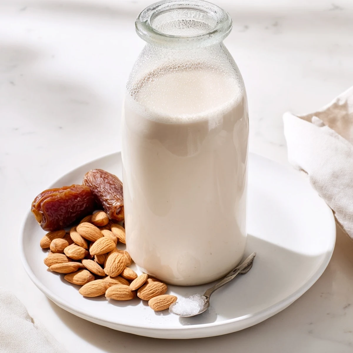 Chilled almond milk in a mason jar, shaken, with nut milk bag nearby.