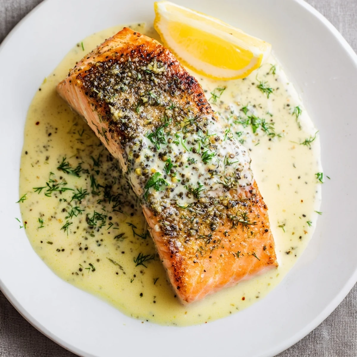 Pan-seared Salmon With Lemon Cream Sauce, golden fillets draped in velvety sauce