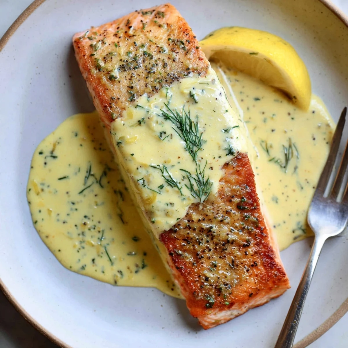 Plated Salmon With Lemon Cream Sauce beside roasted potatoes, zesty aroma and garnish