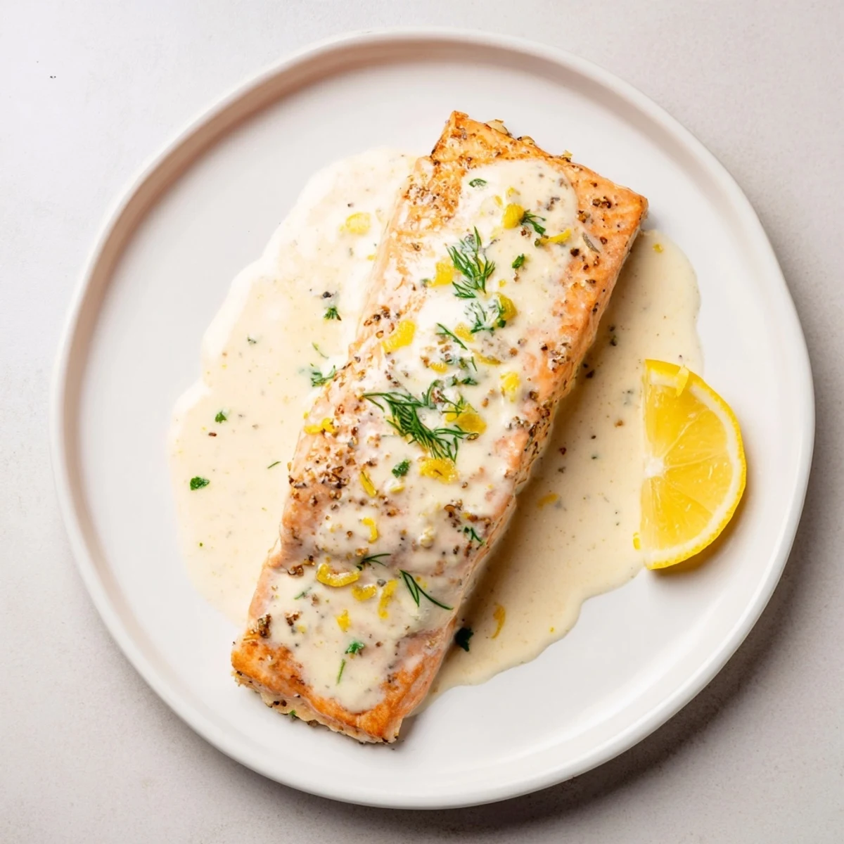 Skillet-finished Salmon With Lemon Cream Sauce, flaky texture, fresh dill and lemon
