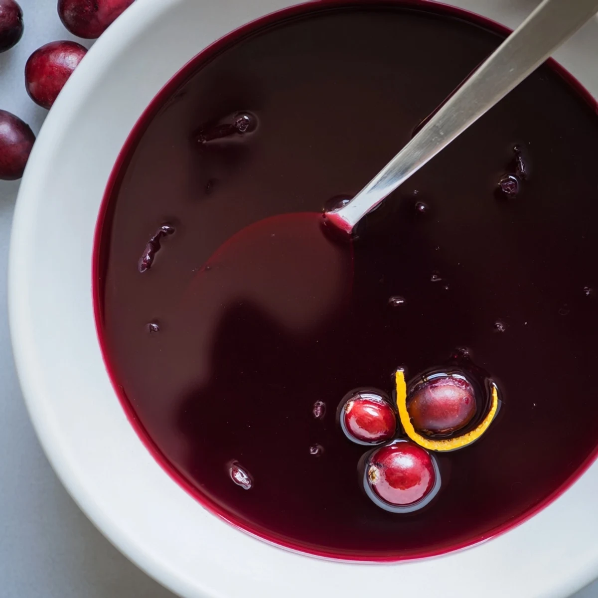 Cranberry Syrup glistening deep red in jar, spoon dripping tart sweetness.