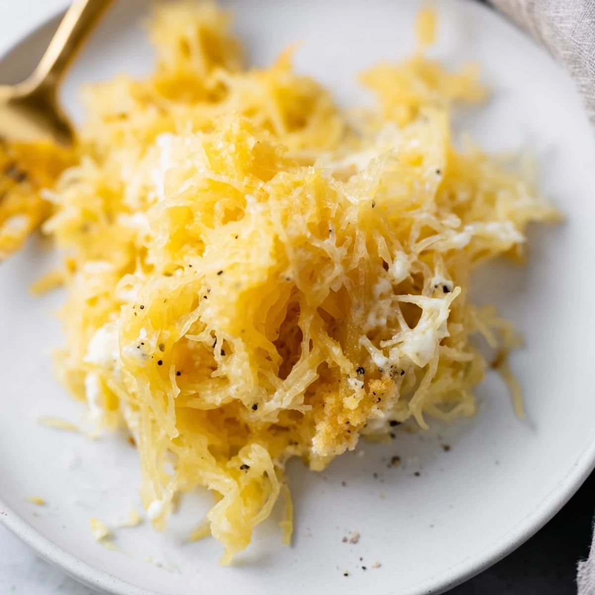 Spaghetti Squash Mac Cheese in creamy sauce, golden breadcrumb topping, steaming  
