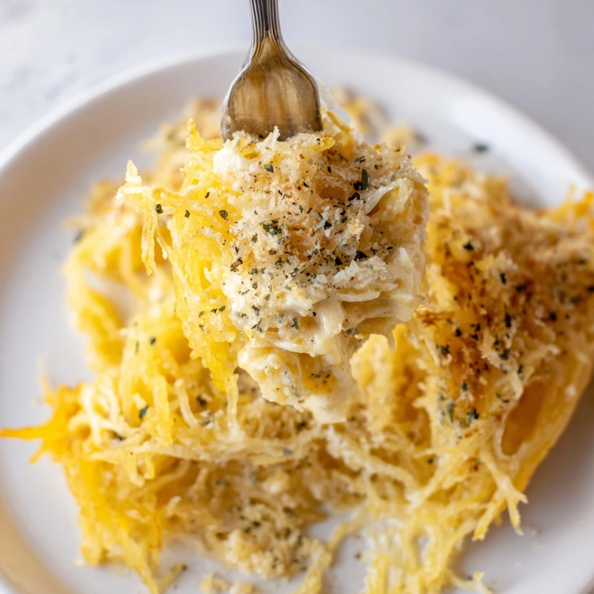 Warm Spaghetti Squash Mac Cheese served bubbling in a rustic casserole dish