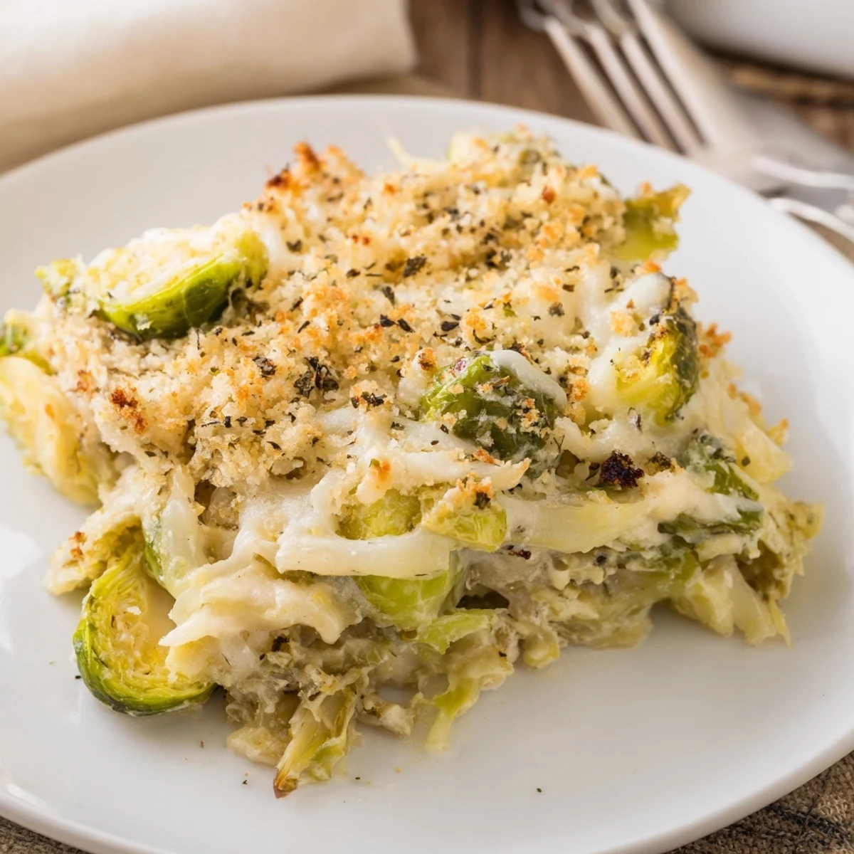 Creamy Parmesan Brussels Sprouts Casserole bubbling with golden breadcrumb topping, savory aroma.