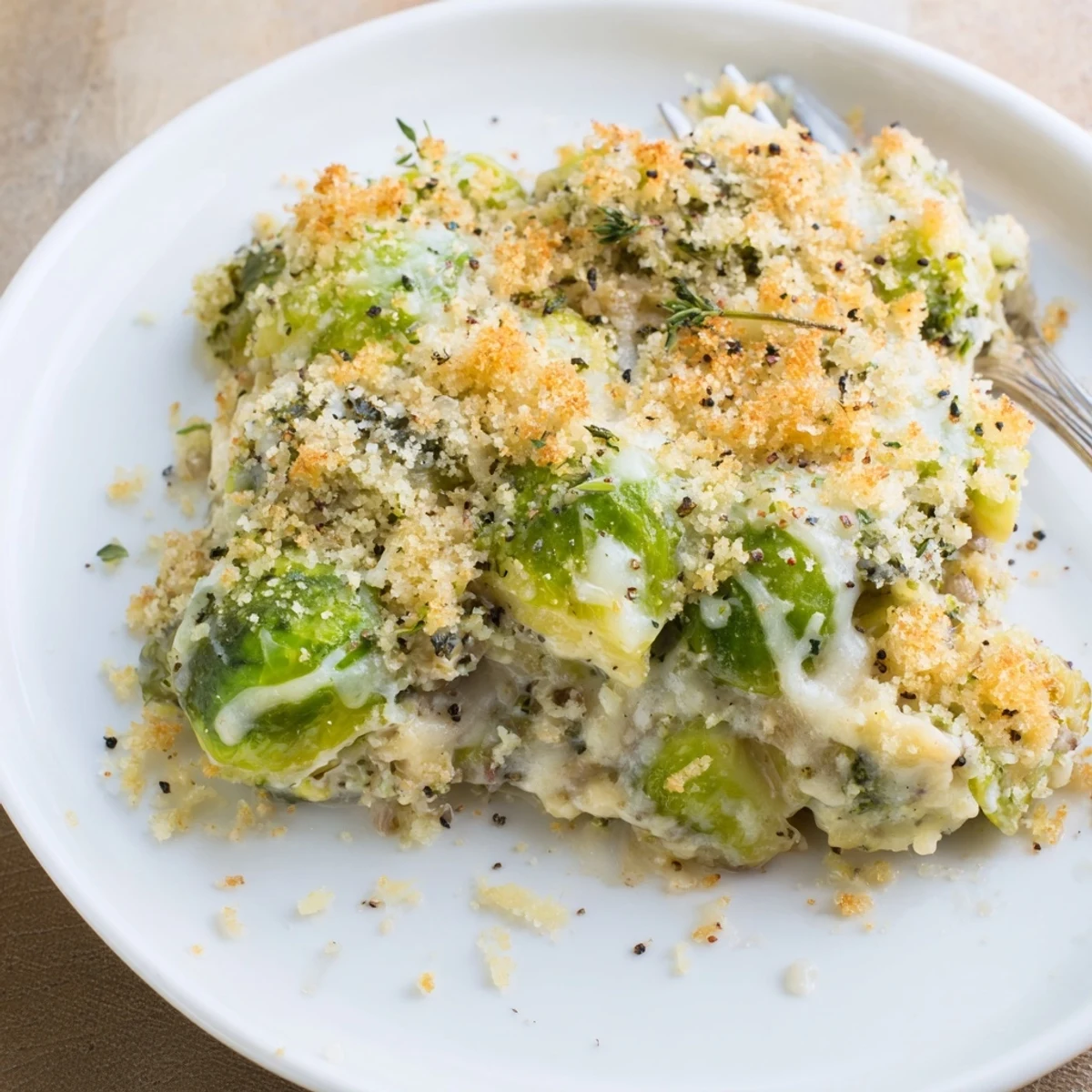 Warm, silky sauce coats Creamy Parmesan Brussels Sprouts Casserole beside roasted turkey.