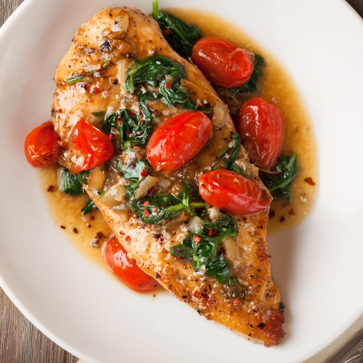 Pan-seared Tomato Spinach White Wine Chicken topped with wilted spinach and Parmesan