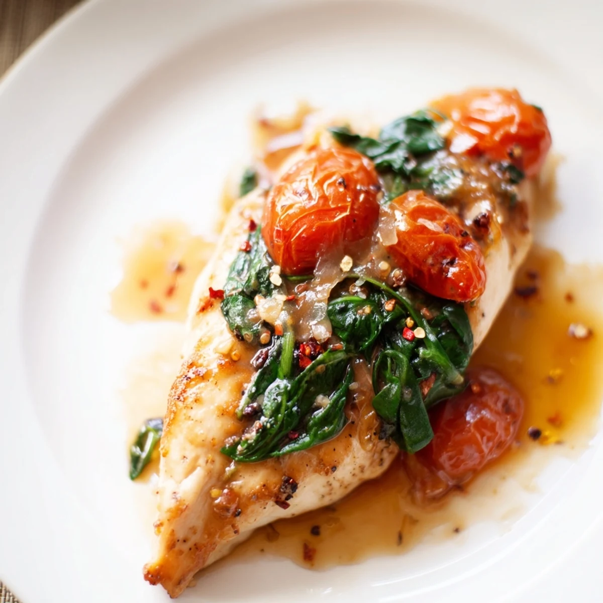Tomato Spinach White Wine Chicken simmered in fragrant sauce with juicy cherry tomatoes