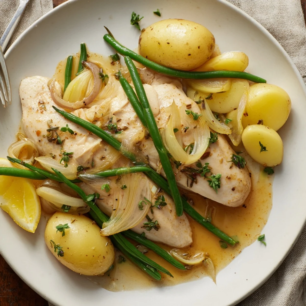 Hearty Slow Cooker Chicken And Potatoes With Green Beans, steaming herb-scented broth
