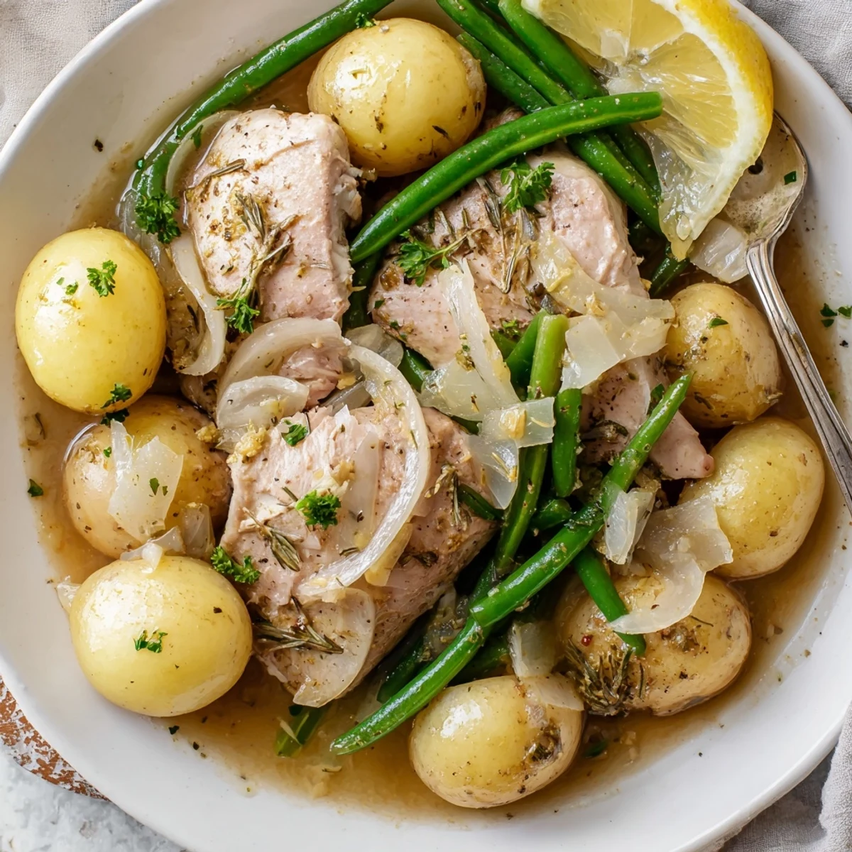 Slow Cooker Chicken And Potatoes With Green Beans, tender breasts and golden potatoes