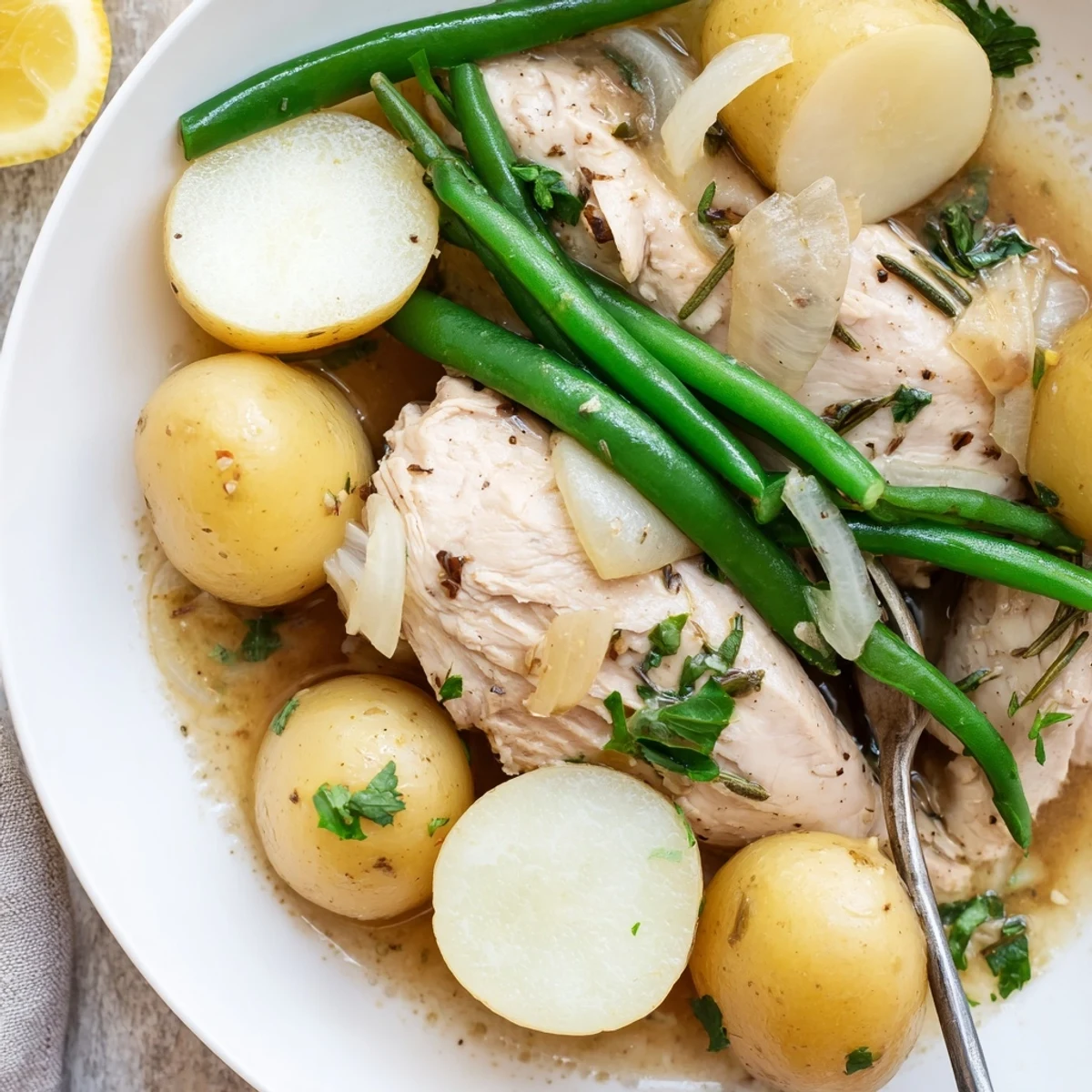 Family-style Slow Cooker Chicken And Potatoes With Green Beans, bright lemon wedges