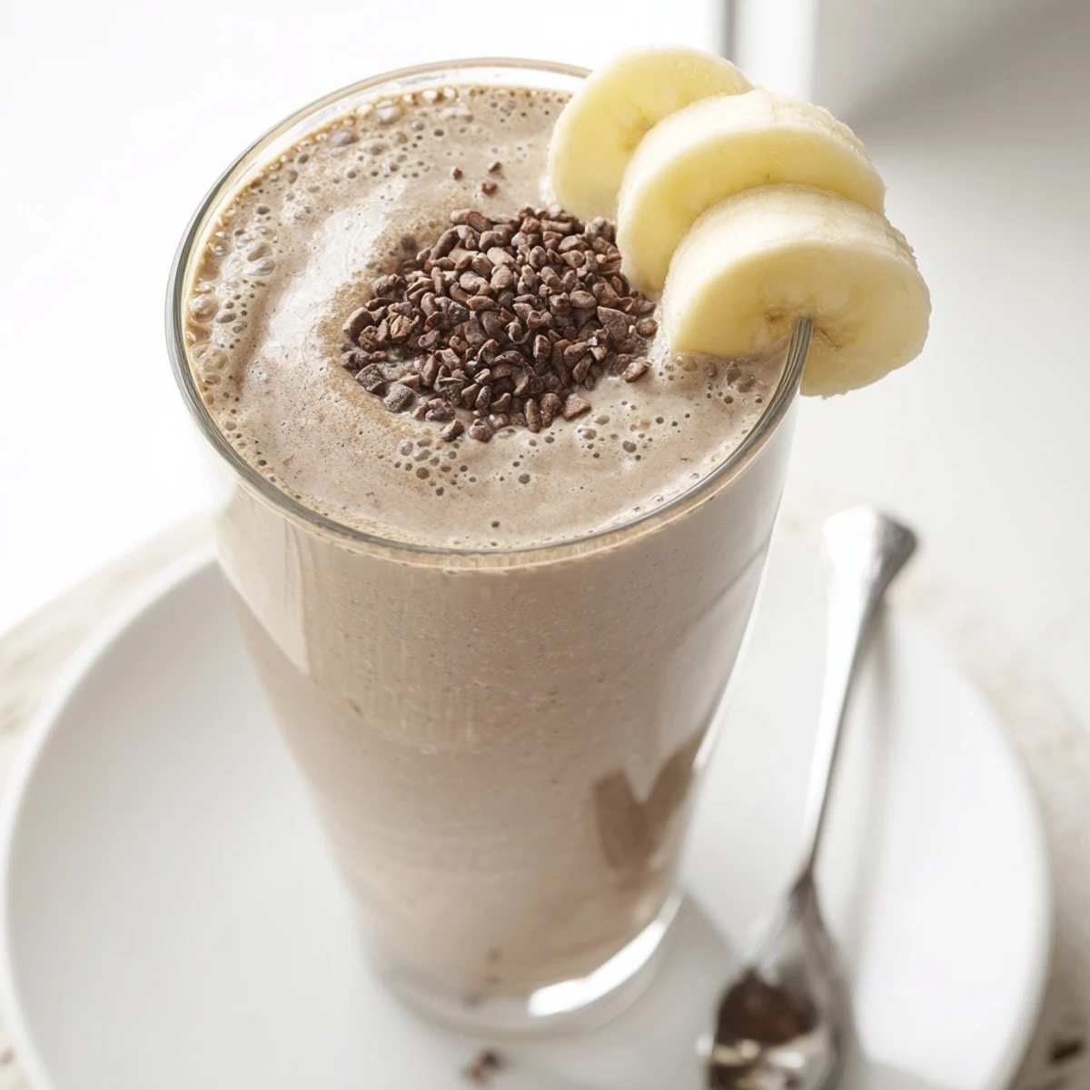 Scooped spoon beside Raw Chocolate Banana Shake, rich cacao aroma and froth