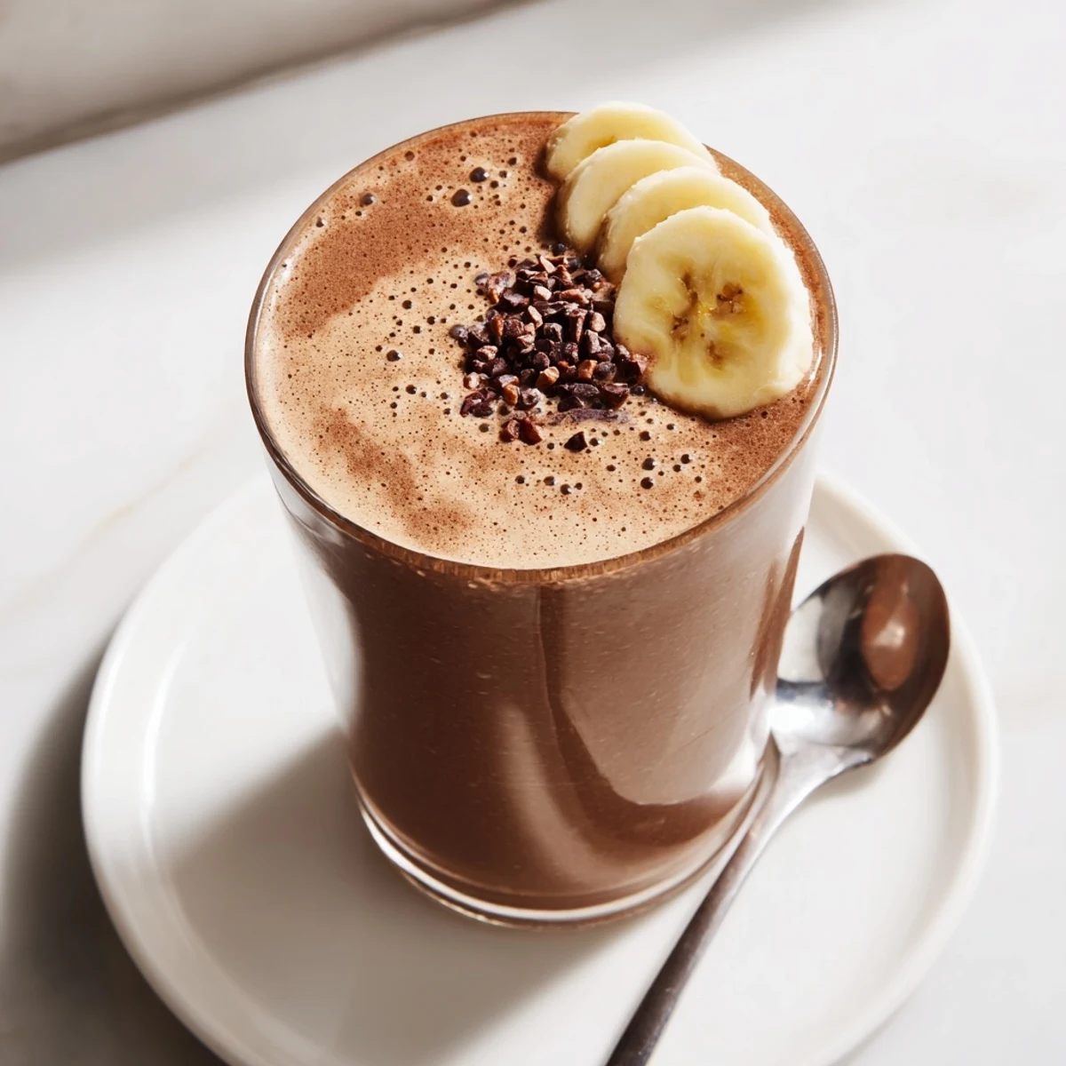 Morning breakfast glass of Raw Chocolate Banana Shake with frozen banana chunks