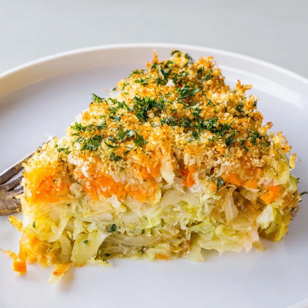 Slice of Slow Roasted Cabbage And Sauerkraut Casserole served warm with rye