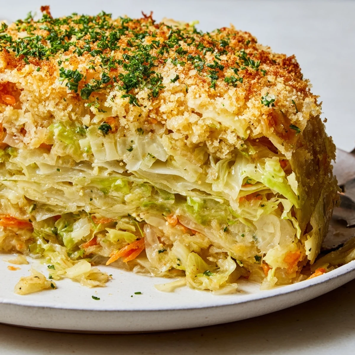 Slow Roasted Cabbage And Sauerkraut Casserole bubbling with golden crust, tangy aroma