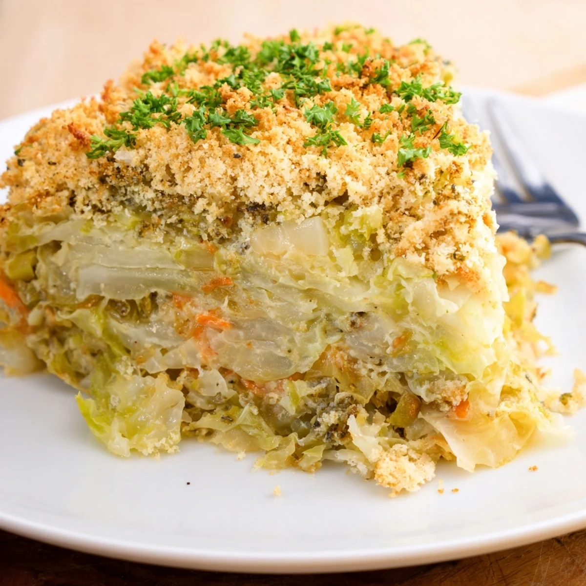 Slow Roasted Cabbage And Sauerkraut Casserole topped with buttery breadcrumbs, steaming