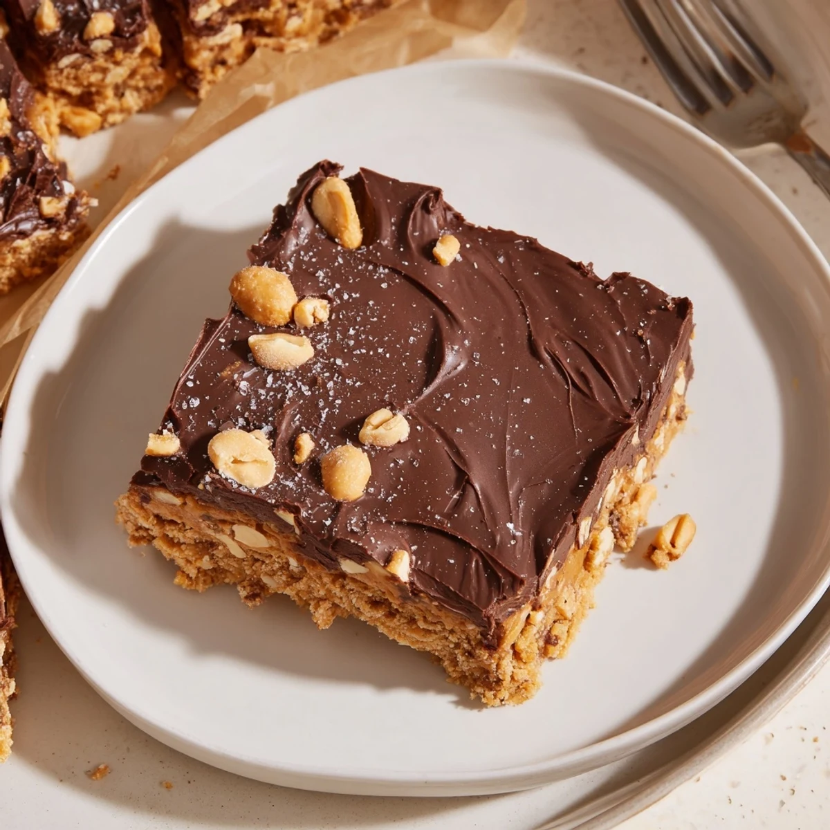 Freshly sliced Peanut Butter Bars on a plate, dense, sweet, chocolate-drizzled