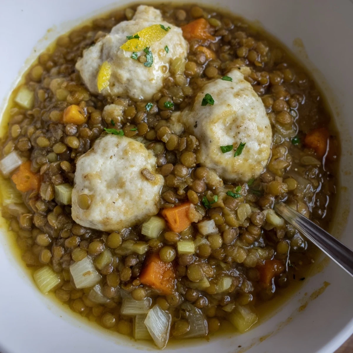 Lentils with Dumplings simmering in savory broth, fluffy dumplings steaming, parsley garnish