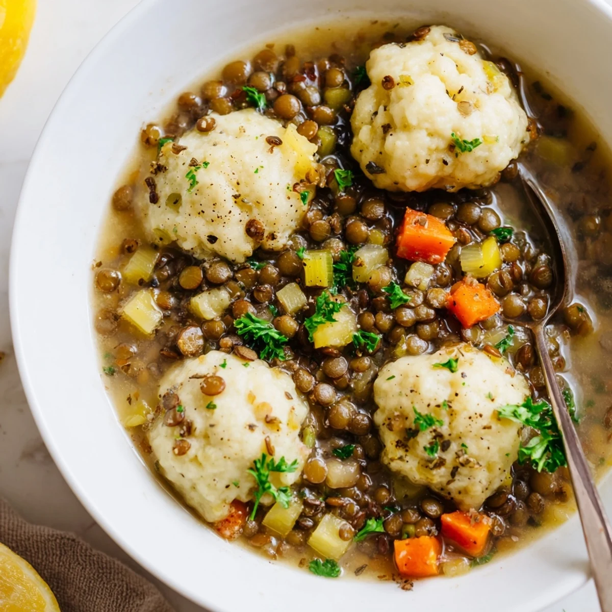 Hearty bowl of Lentils with Dumplings, tender lentils and pillowy dumplings