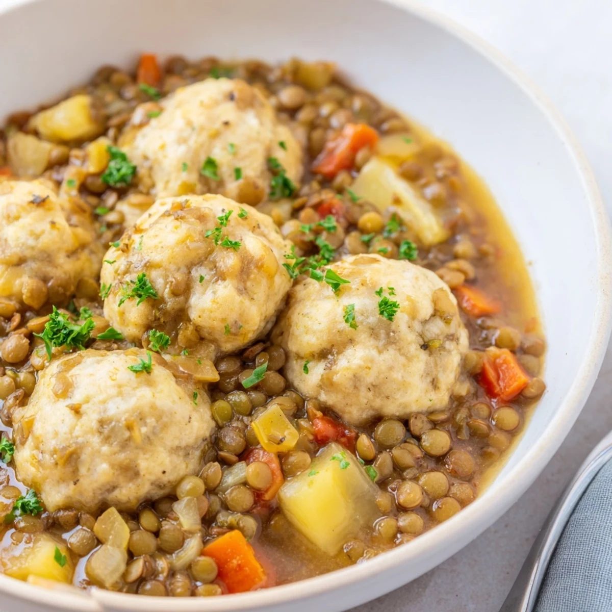 Vegetarian Lentils with Dumplings topped with buttery herbs, perfect for cozy nights
