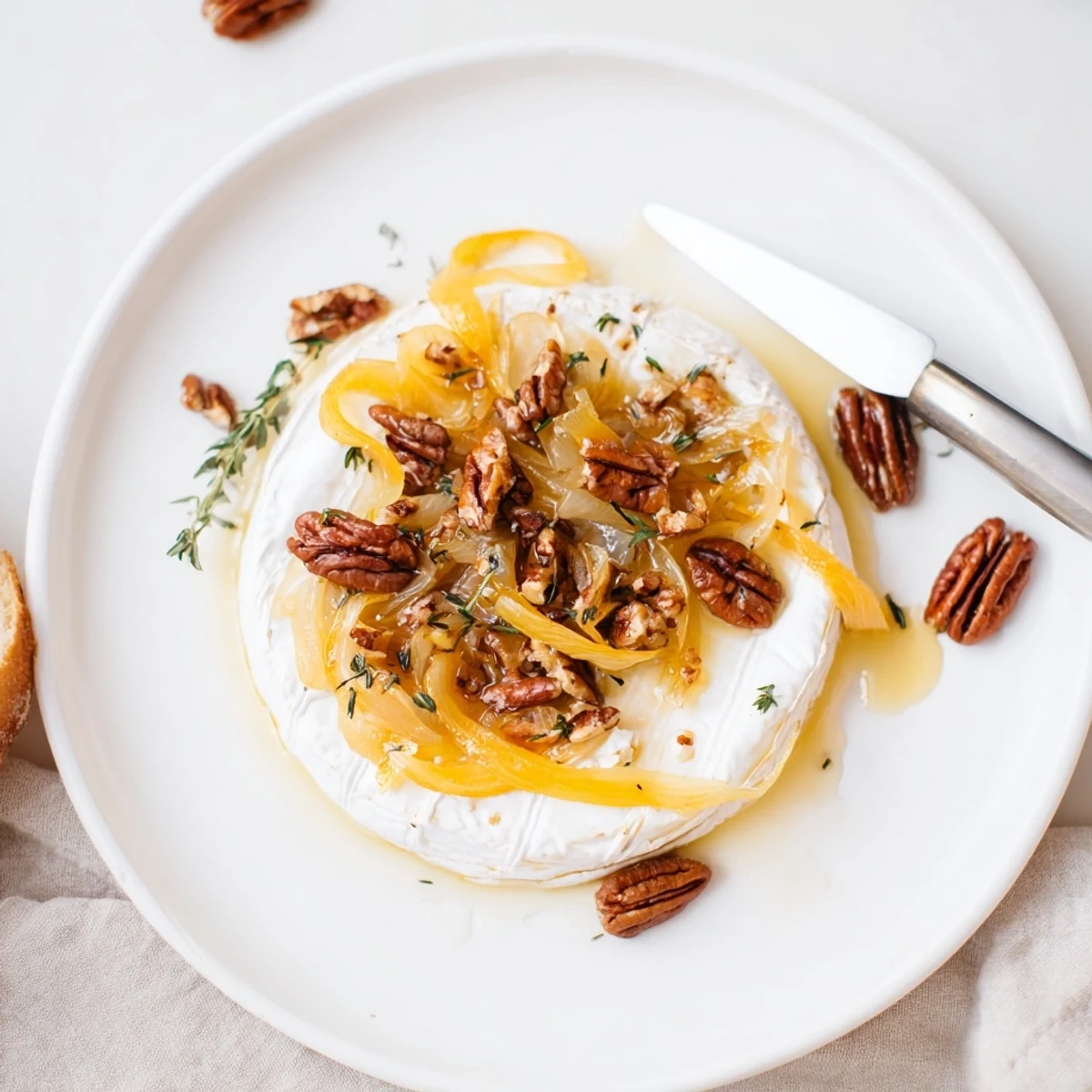 Baked Brie With Caramelized Onions And Pecans bubbling, golden top, served with sliced baguette
